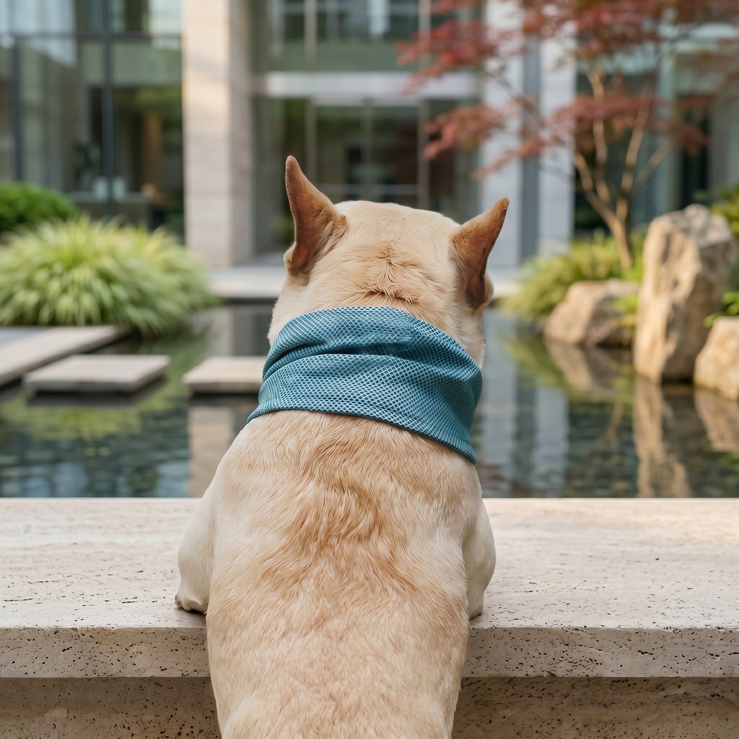 Arctic Chill blue dog cooling bandana scarf with built-in leash attachment ring, worn by a French bulldog next to a pool.