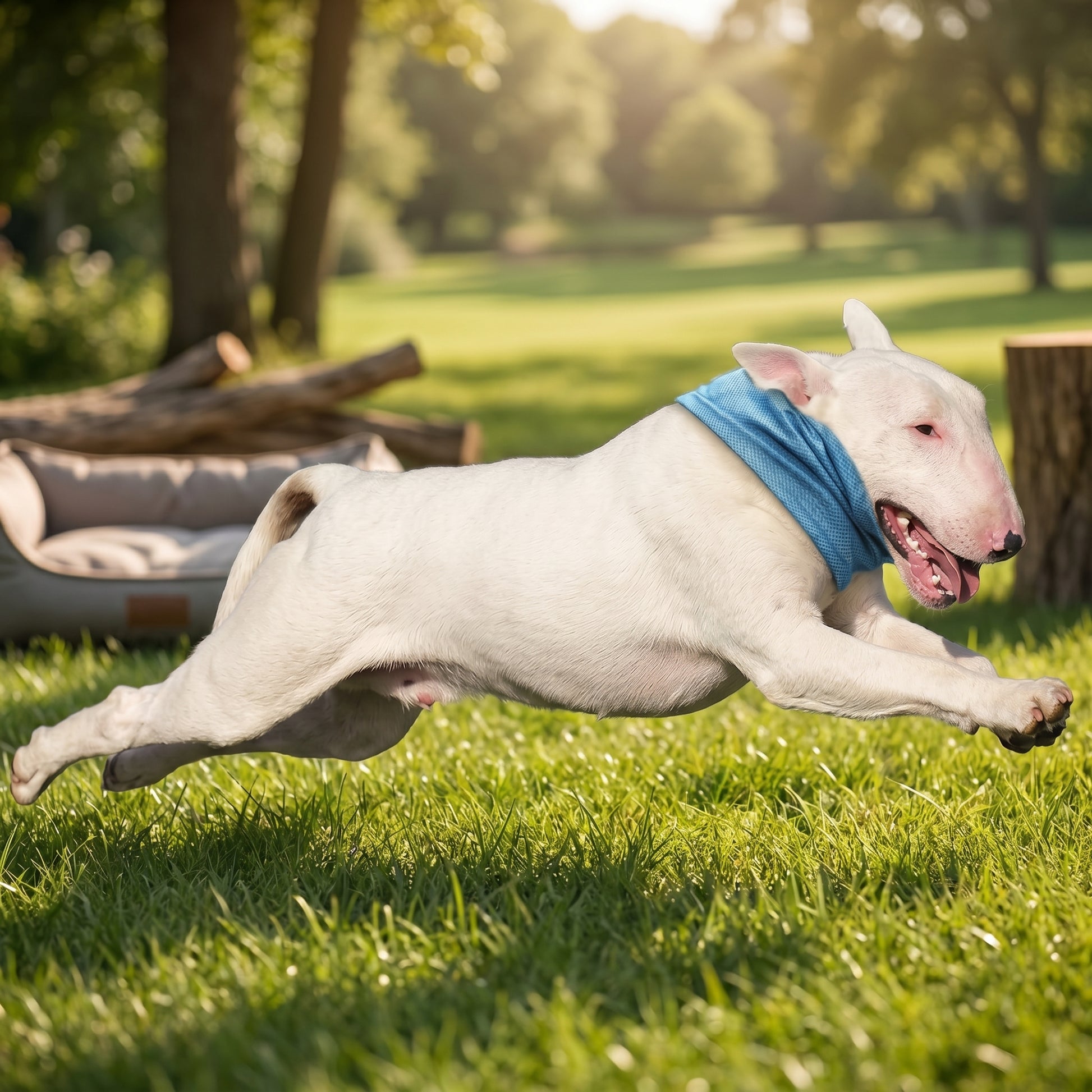 Arctic Chill blue dog cooling bandana scarf made of instant cooling mesh fabric worn by a running white Bull Terrier on grass.