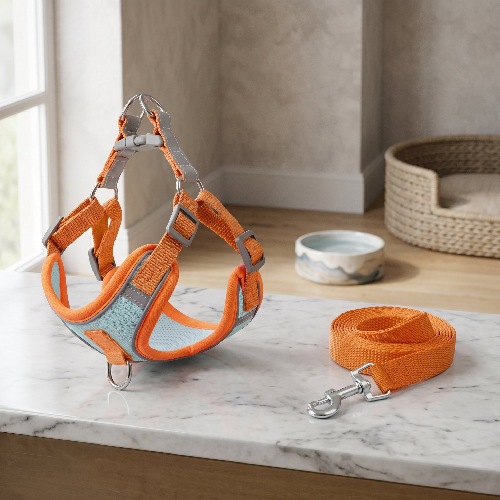 Reflex Duo orange and light blue anti-breakaway dog harness and matching leash set displayed on a marble table with a water bowl.