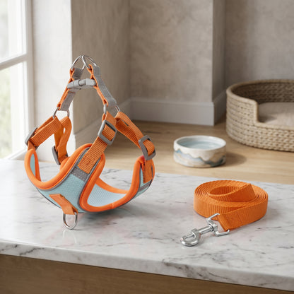 Reflex Duo orange and light blue anti-breakaway dog harness and matching leash set displayed on a marble table with a water bowl.