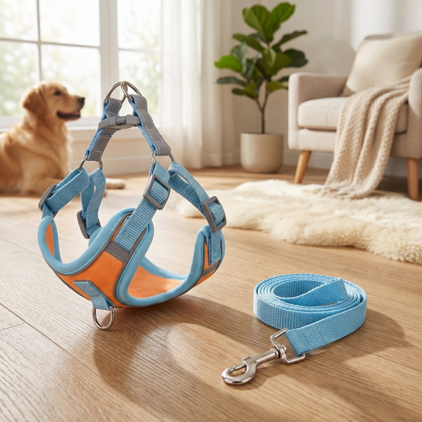 Reflex Duo light blue and orange escape-proof dog harness with matching leash set displayed on a wooden floor with a golden retriever background.