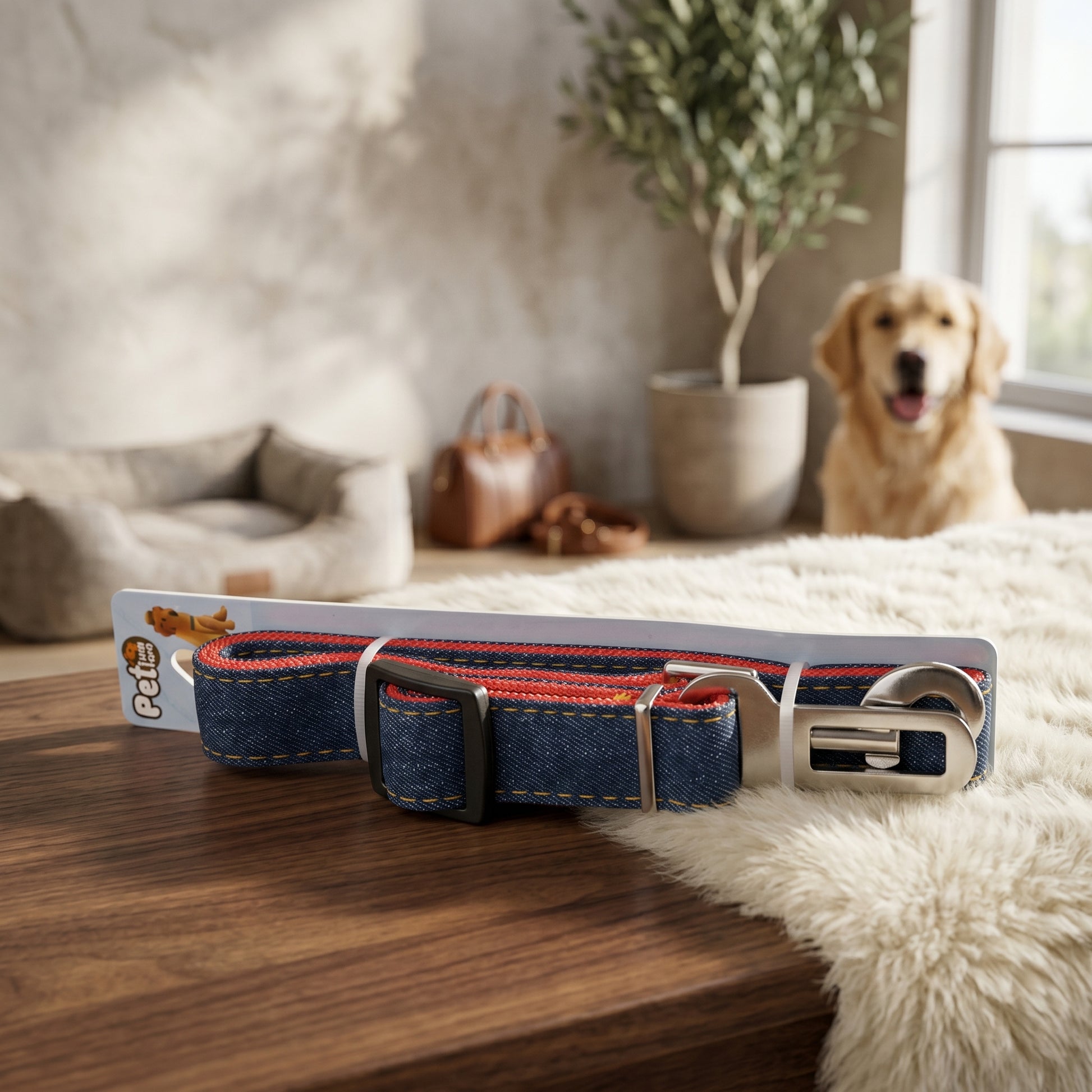 Nordic Safe-Travel red and blue cowboy denim dog seat belt with adjustable strap and metal buckle, shown on a soft fleece texture background.