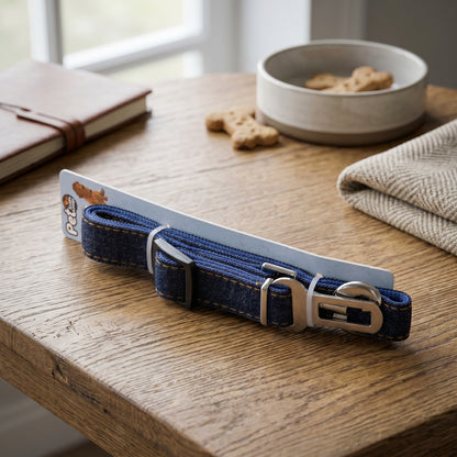 Nordic Safe-Travel cowboy denim dog seat belt with adjustable strap and metal buckle, presented on retail packaging on a soft fleece background.