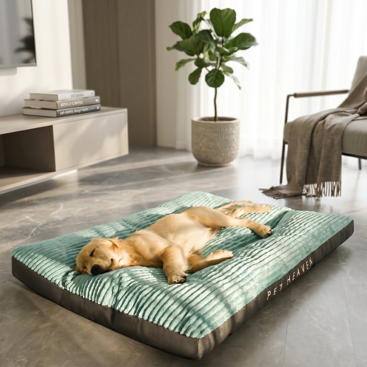 A golden retriever puppy sleeping peacefully on a green Nordic Slumber washable removable bed, branded "Pet Heaven".