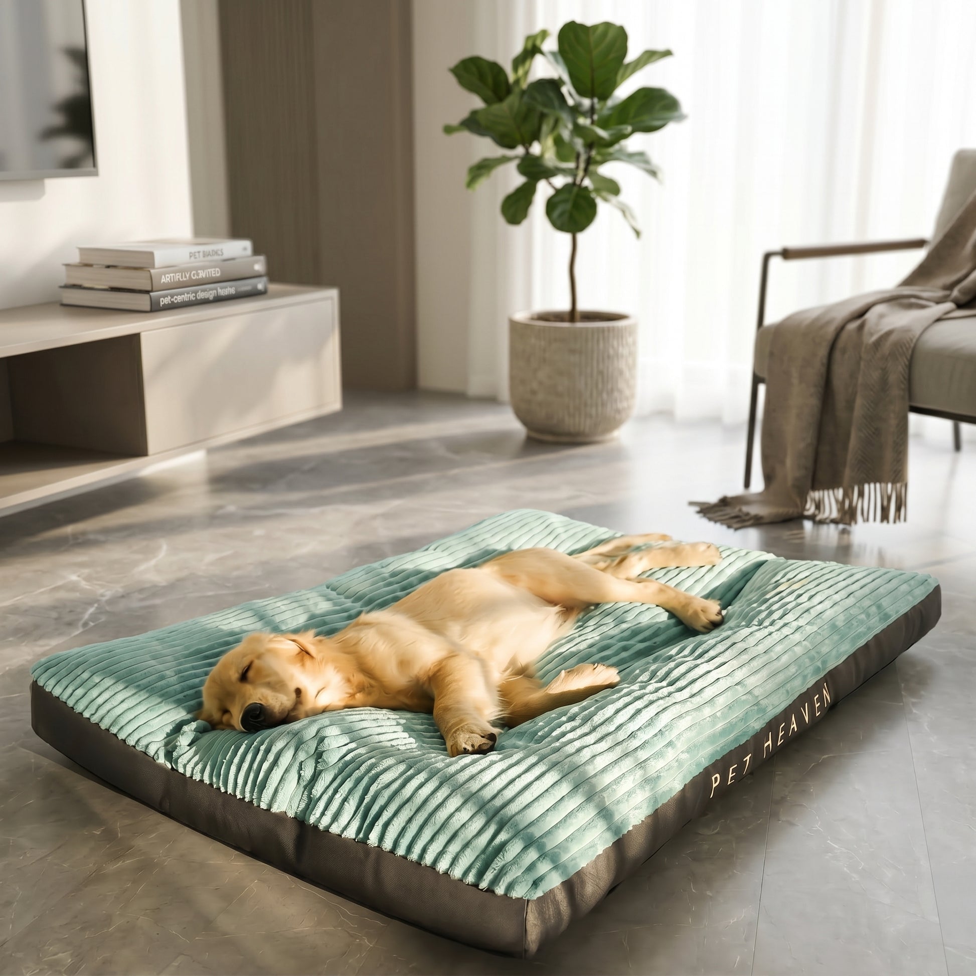 A golden retriever puppy sleeping peacefully on a green Nordic Slumber washable removable bed, branded "Pet Heaven".