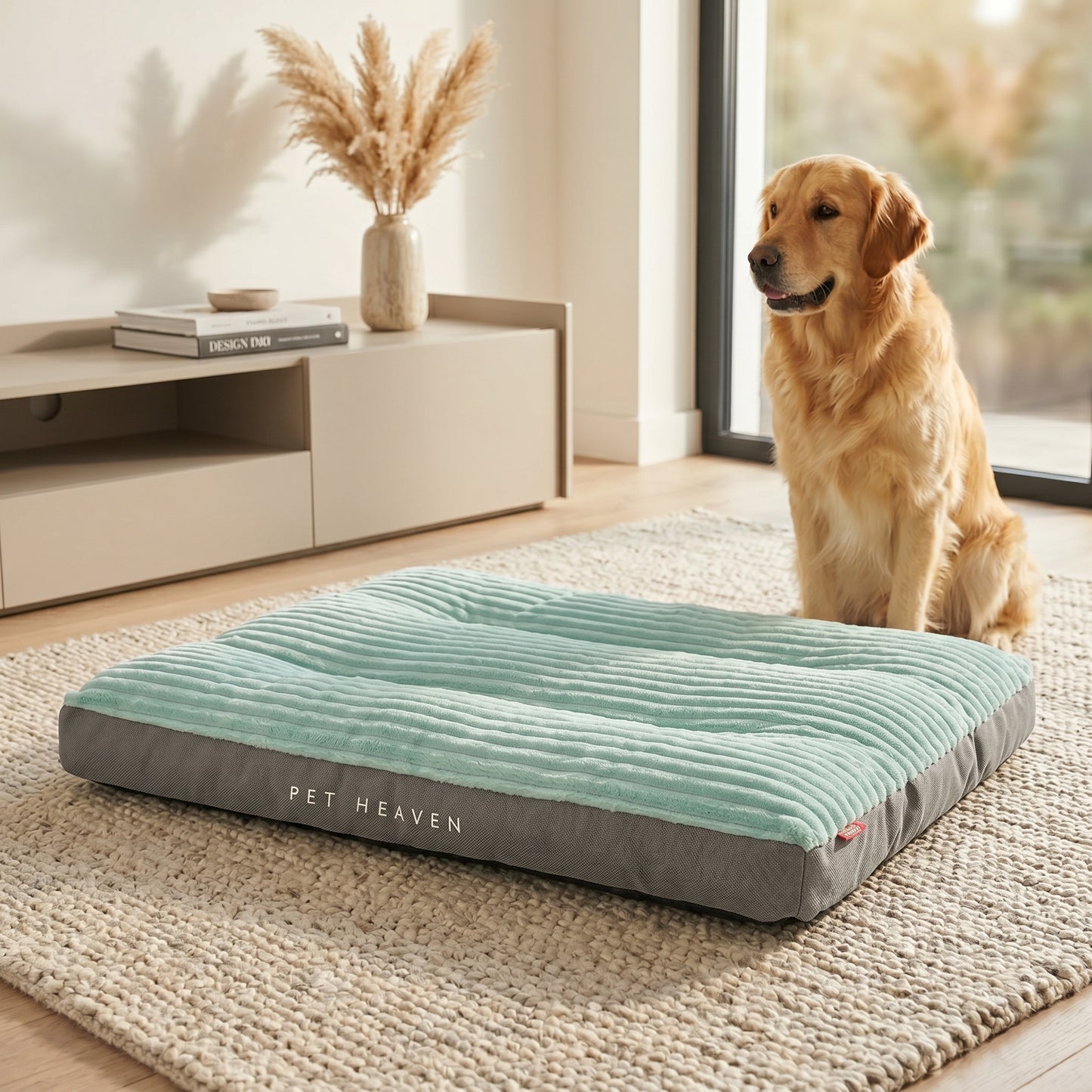 A golden retriever sitting upright on a green Nordic Slumber washable removable bed in a cozy living room setting.