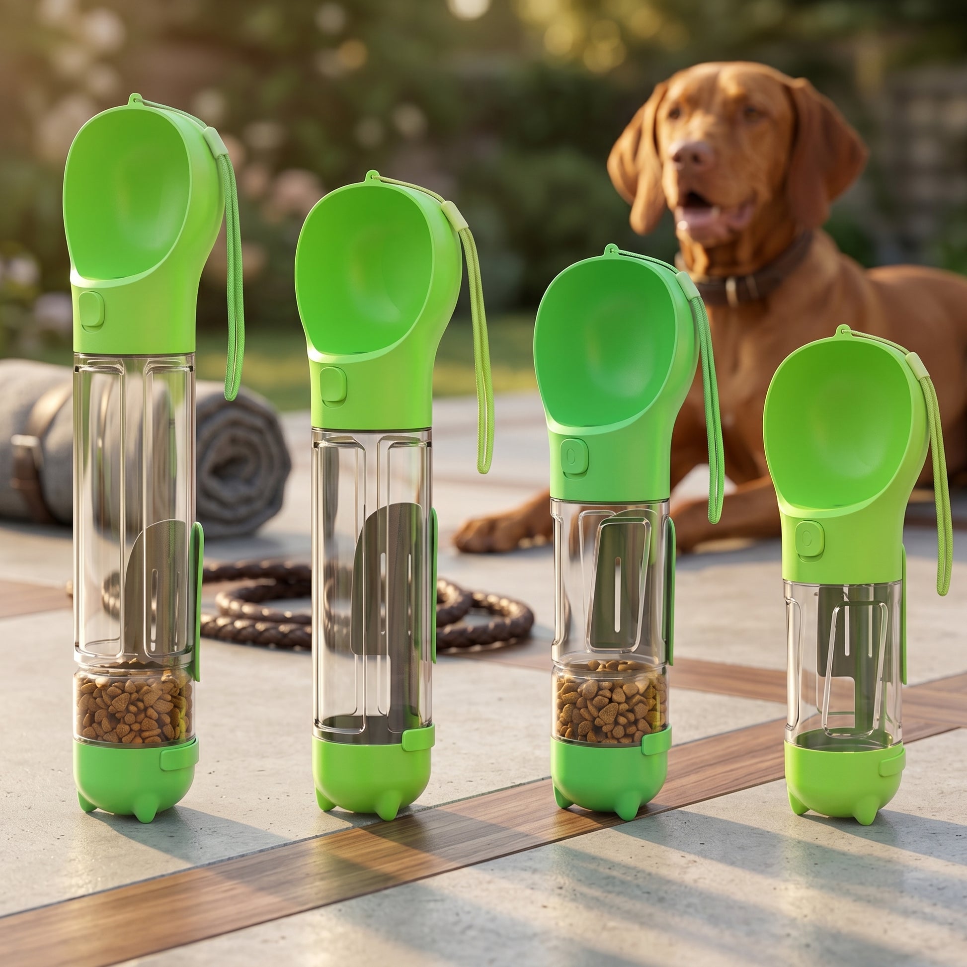 Four green Nordic Hydration 3-in-1 portable adventure bottles of varying sizes displayed with a dog in the background.