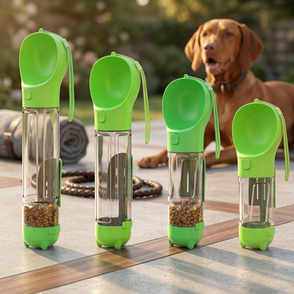 Four green Nordic Hydration 3-in-1 portable adventure bottles of varying sizes displayed with a dog in the background.