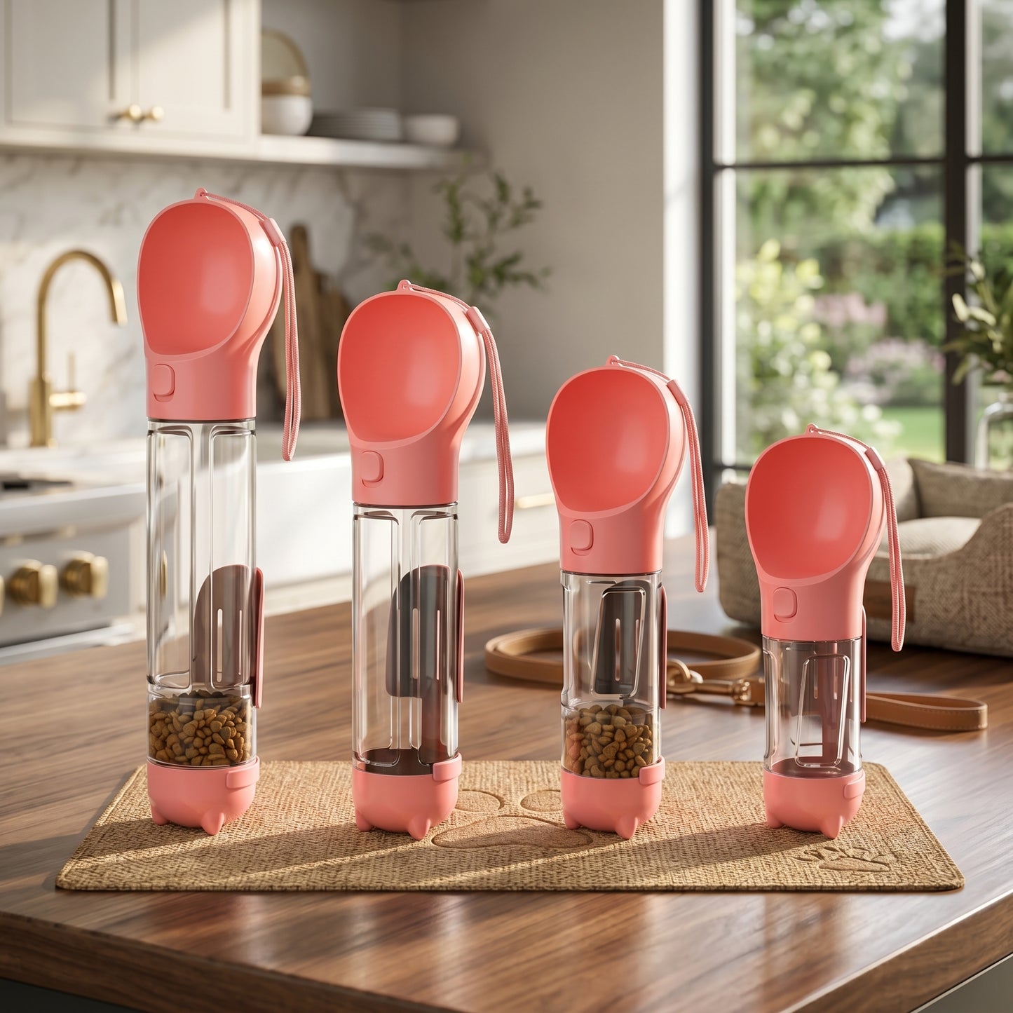 Four pink Nordic Hydration 3-in-1 portable adventure bottles of varying sizes displayed on a wooden surface.