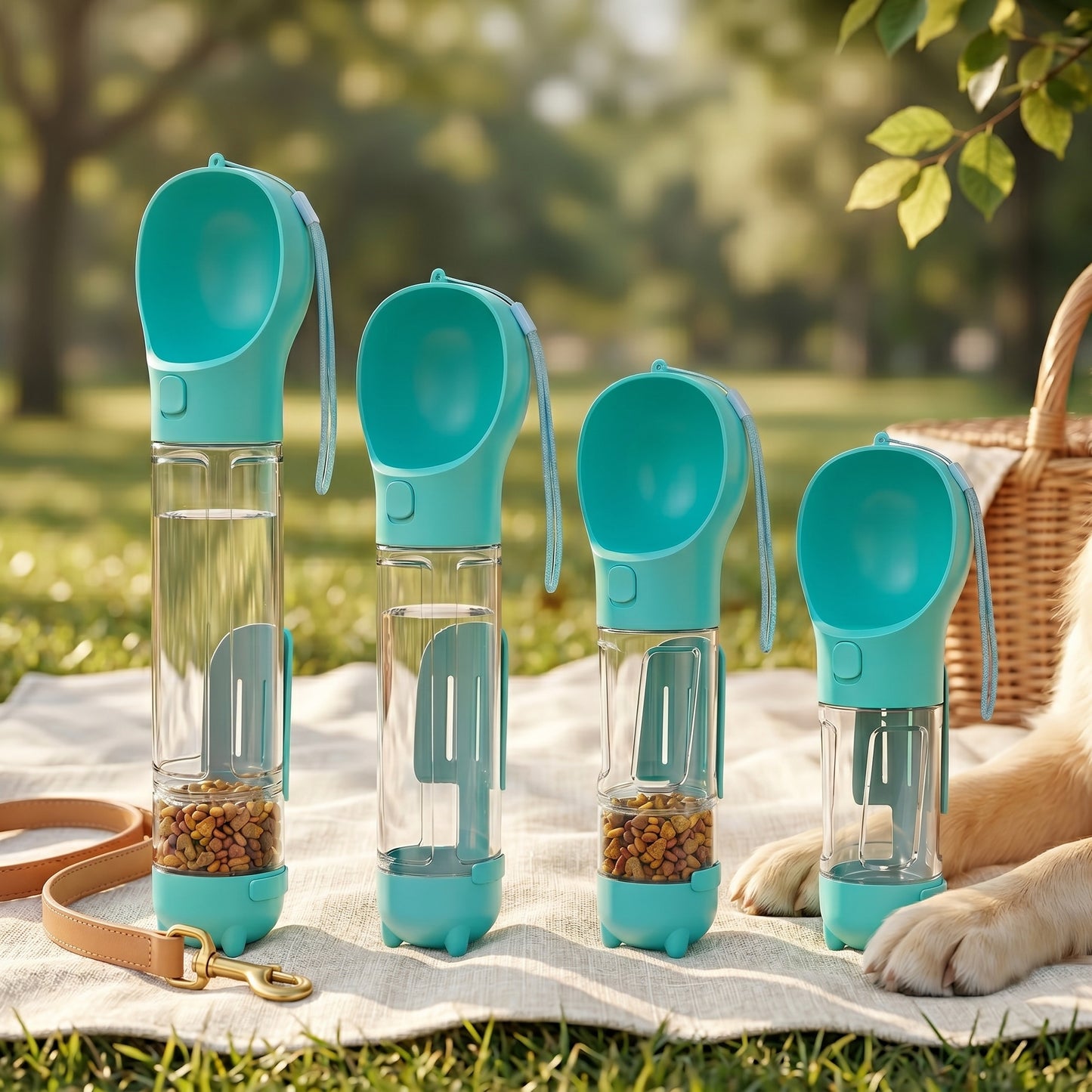 Four teal Nordic Hydration 3-in-1 portable adventure bottles of varying sizes displayed on a picnic blanket with a dog.