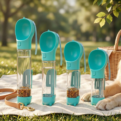 Four teal Nordic Hydration 3-in-1 portable adventure bottles of varying sizes displayed on a picnic blanket with a dog.
