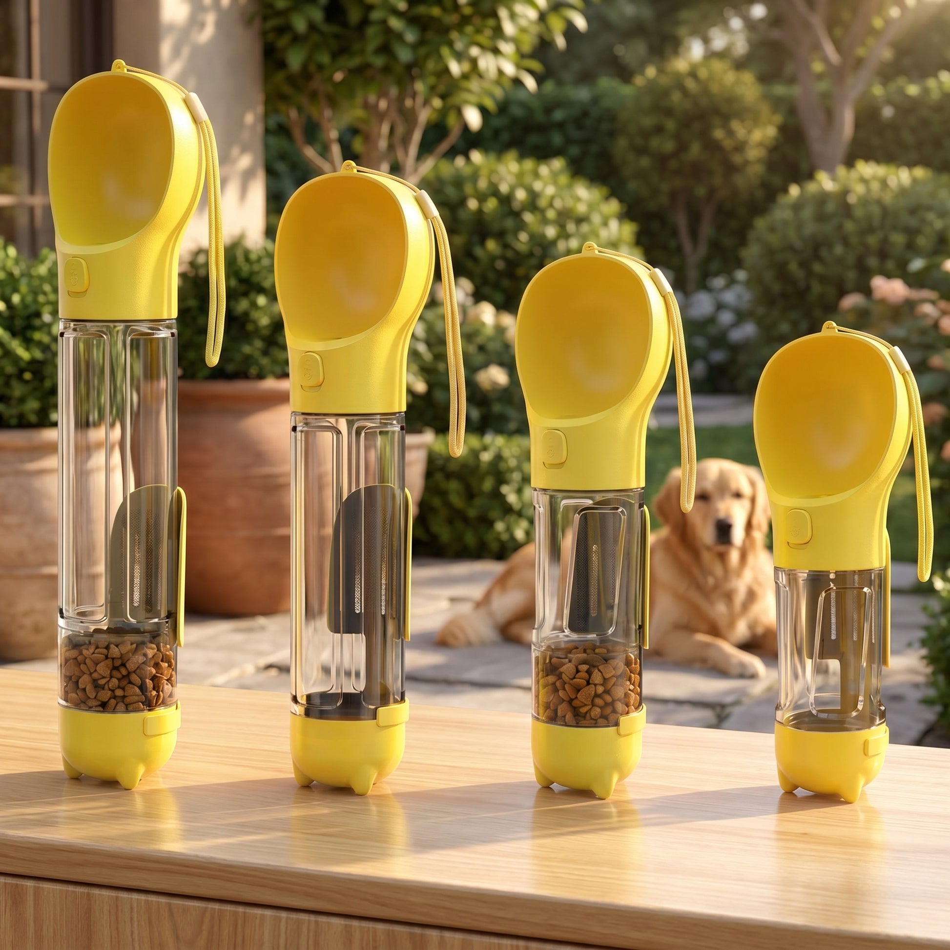 Four yellow Nordic Hydration 3-in-1 portable adventure bottles of varying sizes displayed on a wooden surface.