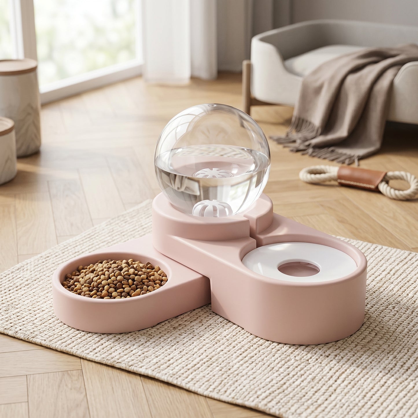 Light pink Nordic Flow automatic feeding station with a water globe, placed on a rug in a bright room.