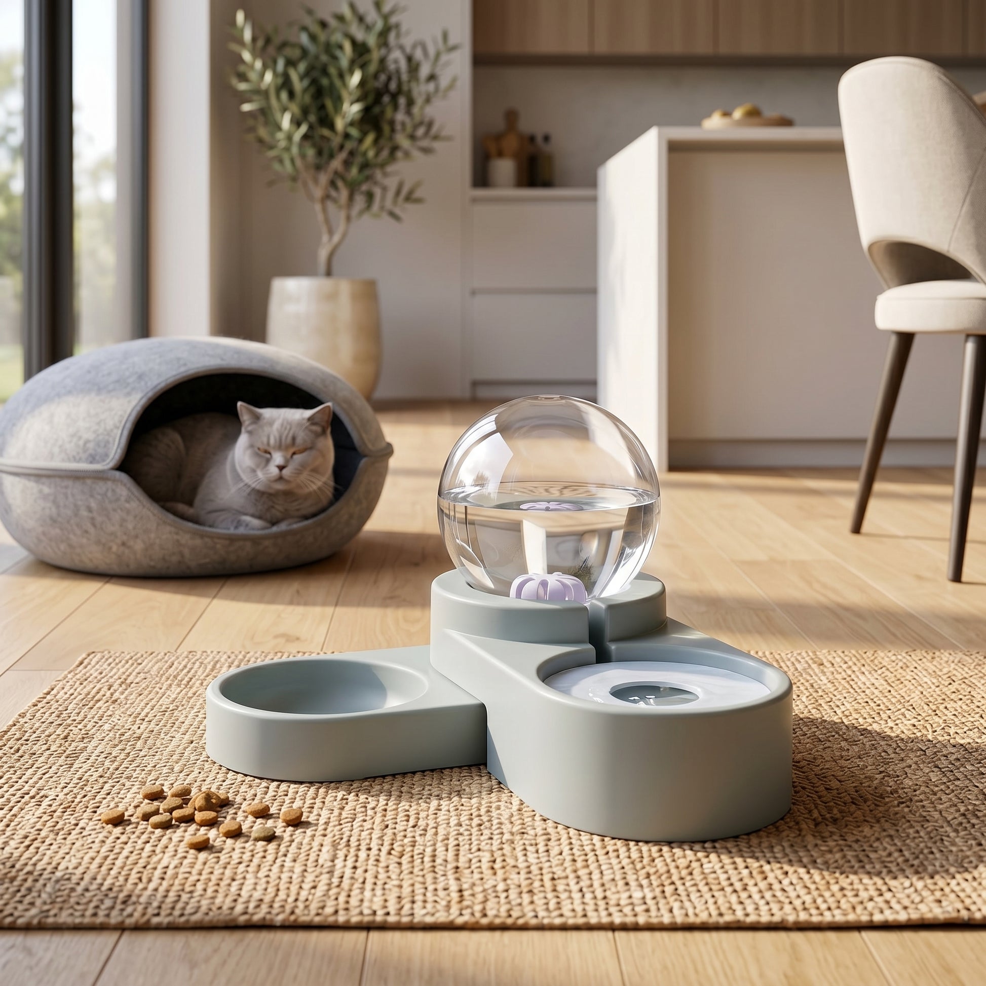Light grey Nordic Flow automatic feeding station with a water globe and a cat resting in a cozy bed in the background.