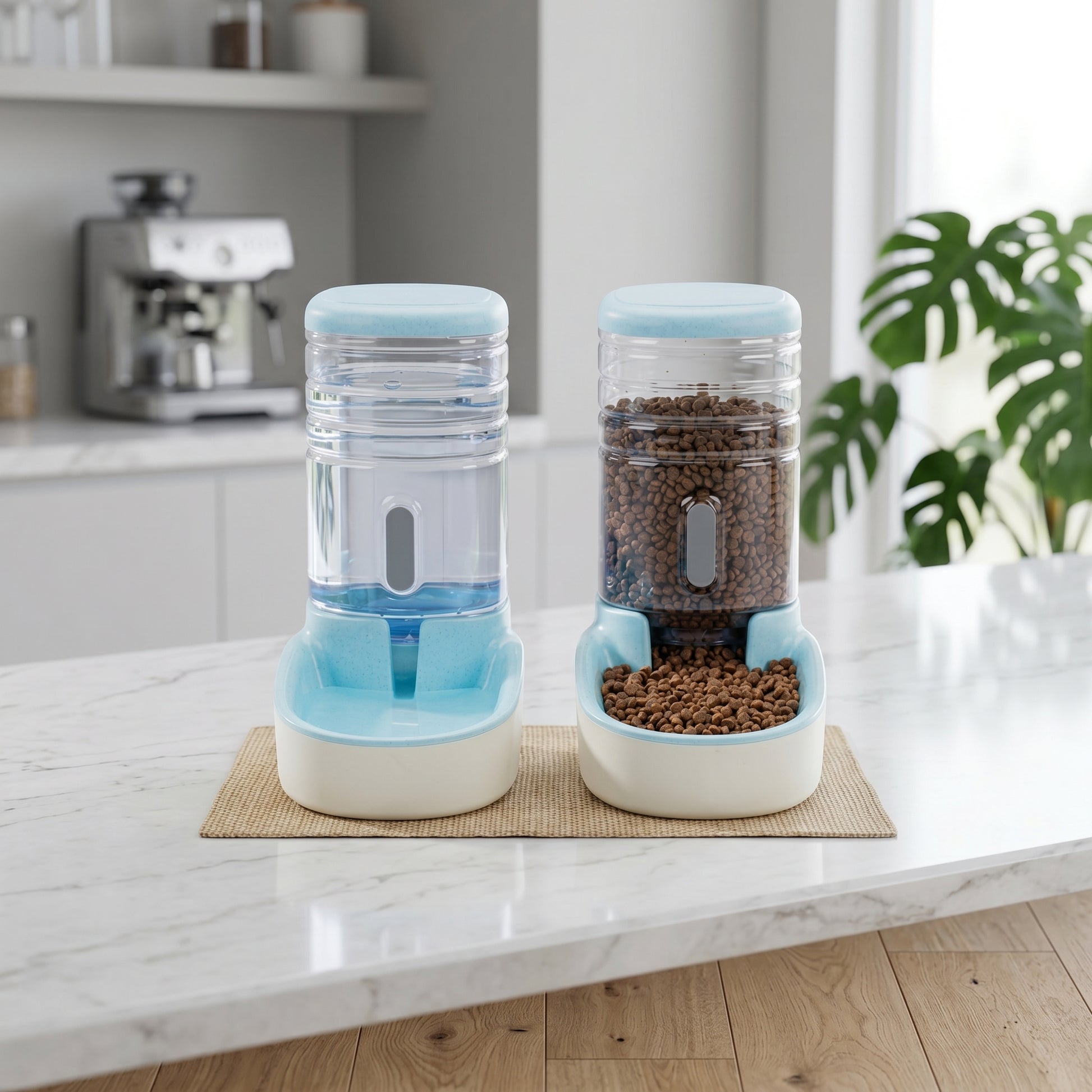 Blue and white Nordic Feast automatic gravity feeder and water fountain combo units displayed on a kitchen counter.