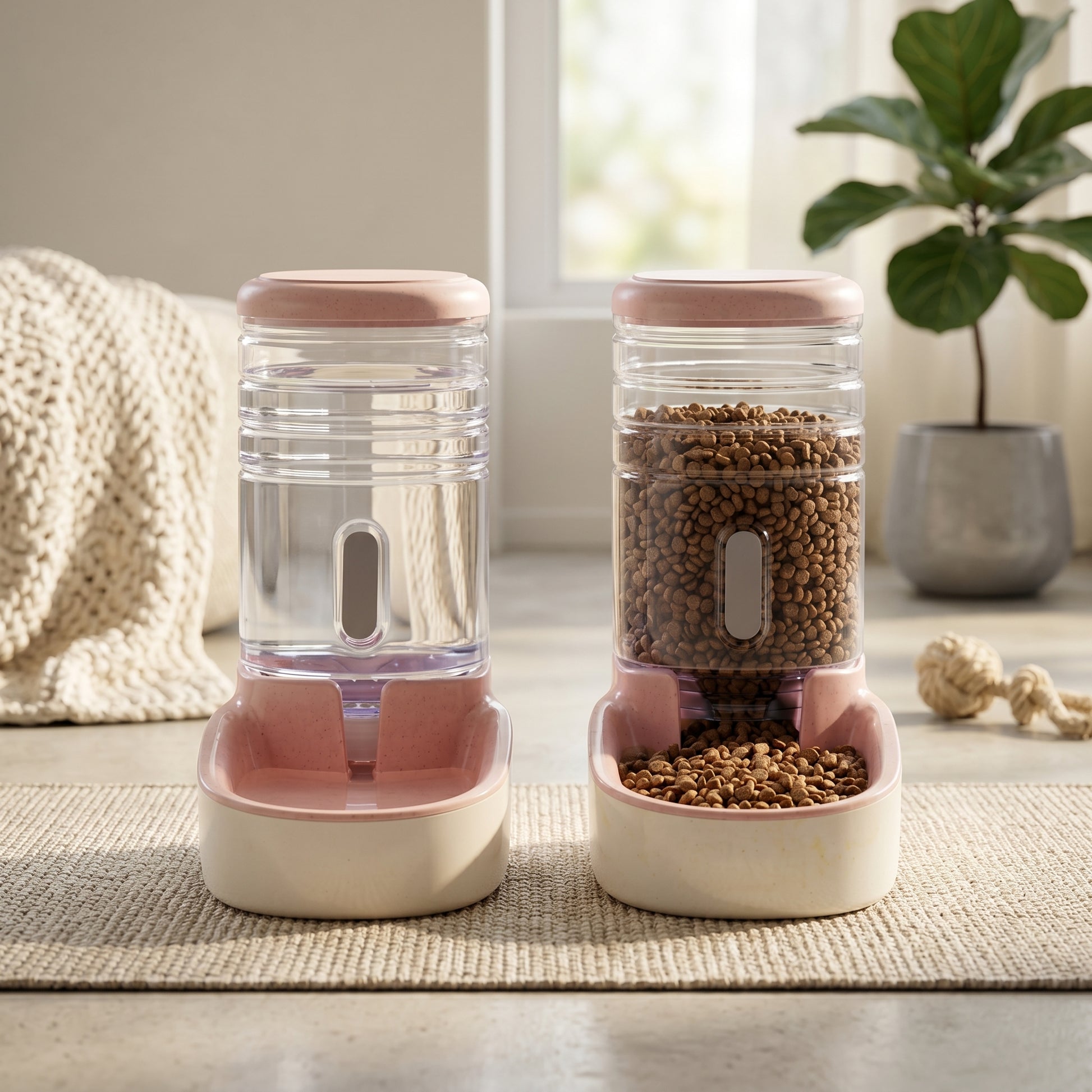 Pink and white Nordic Feast automatic gravity feeder and water fountain combo units placed on a textured rug in a brightly lit room.