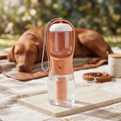 An orange HydroGo 3-in-1 portable adventure bottle for dogs displayed on a stone platform with a dog resting in the background.