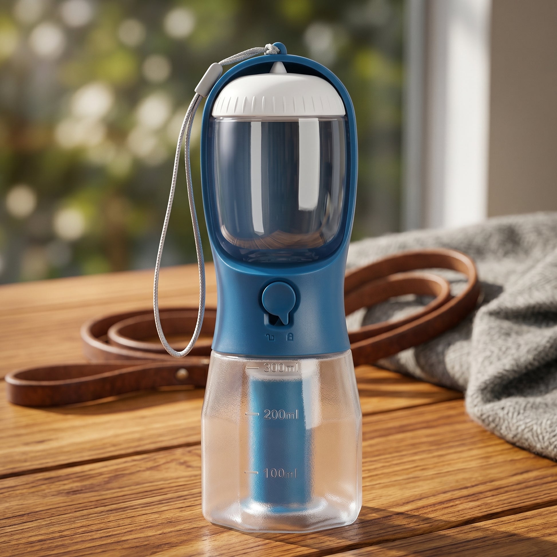 A dark blue HydroGo 3-in-1 portable adventure bottle for dogs placed on a rustic wooden table with a leather strap in the background.