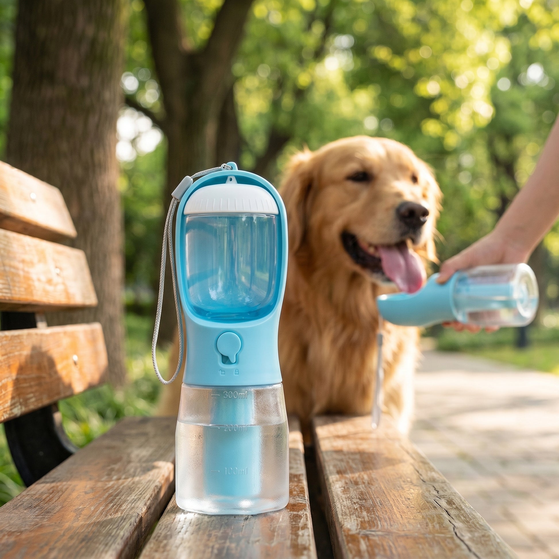 A person using the teal HydroGo 3-in-1 portable adventure bottle to offer water to a golden retriever sitting on a park bench.