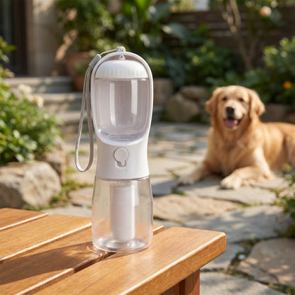 White Nordic Stride hands-free shockproof running belt set displayed on a stone surface with a person running with a dog in the background.