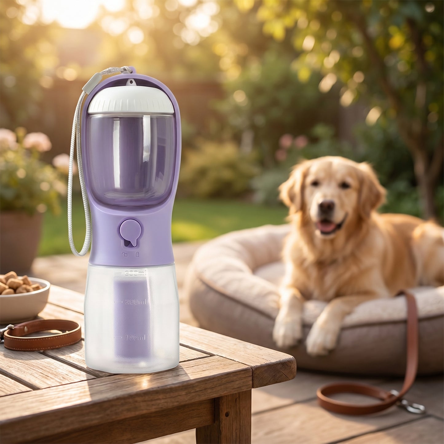 Purple Nordic Stride hands-free shockproof running belt set displayed on a stone surface with a person running with a dog in the background.