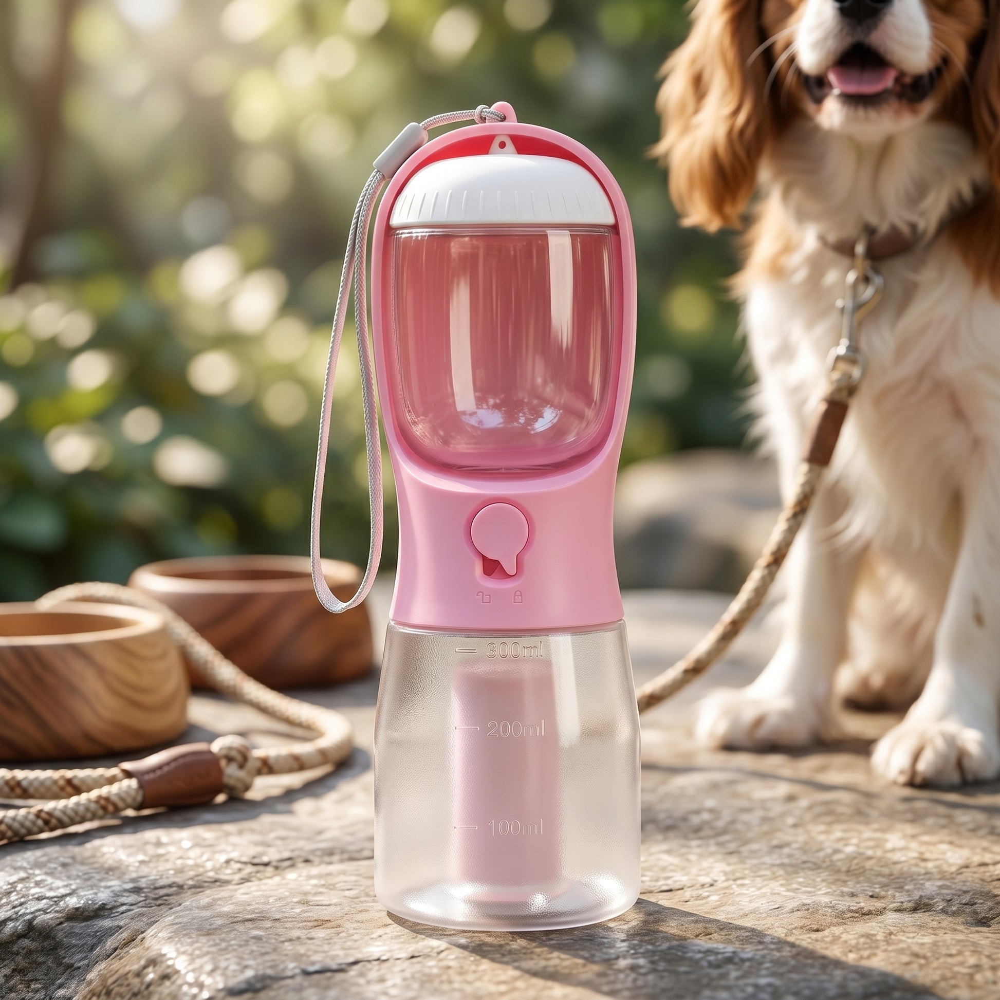Pink Nordic Stride hands-free shockproof running belt set displayed on a stone surface with a person running with adog in the background.