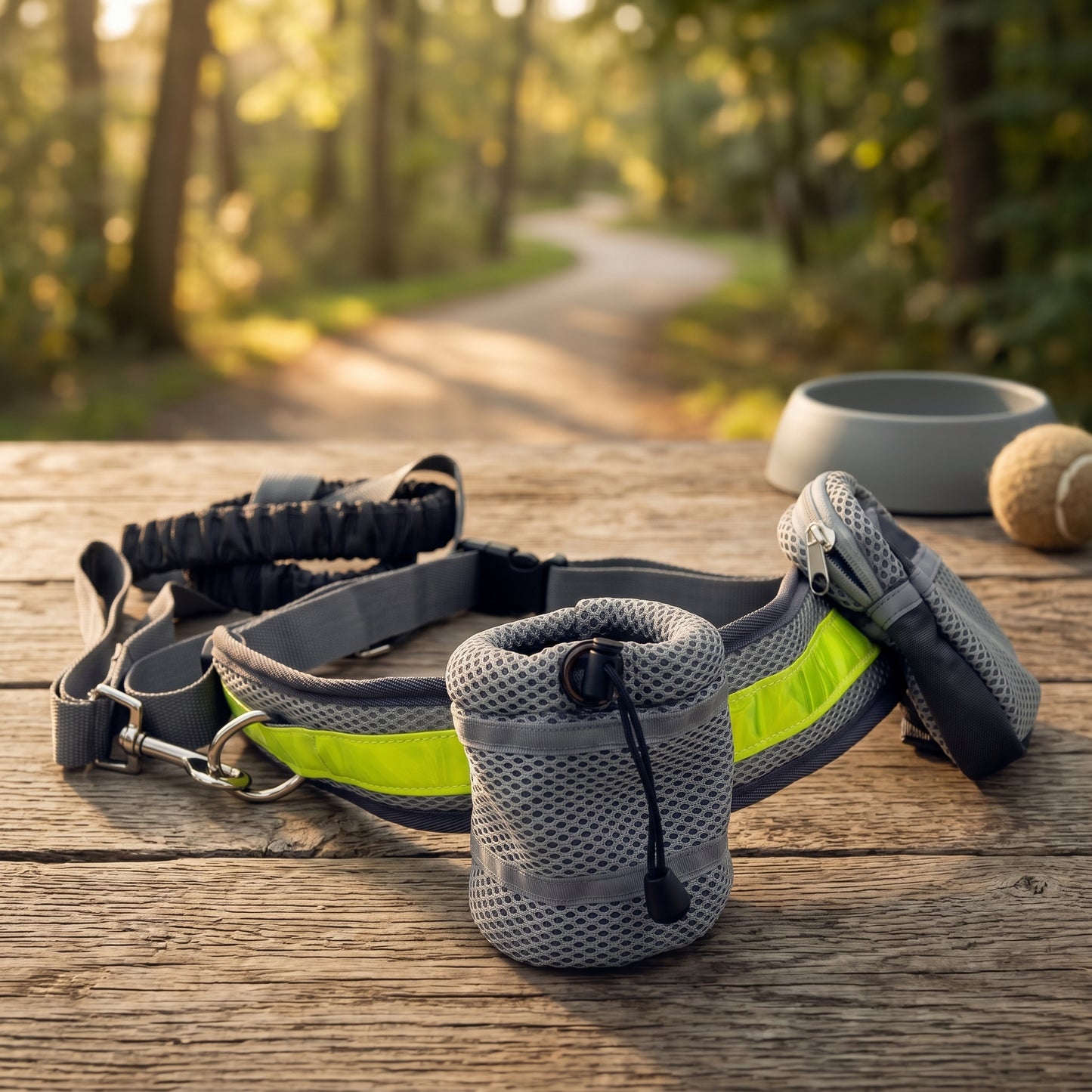 Grey Nordic Stride hands-free shockproof running belt, pouch, and accessories set displayed on a rustic wooden table next to a dog bowl and tennis ball.