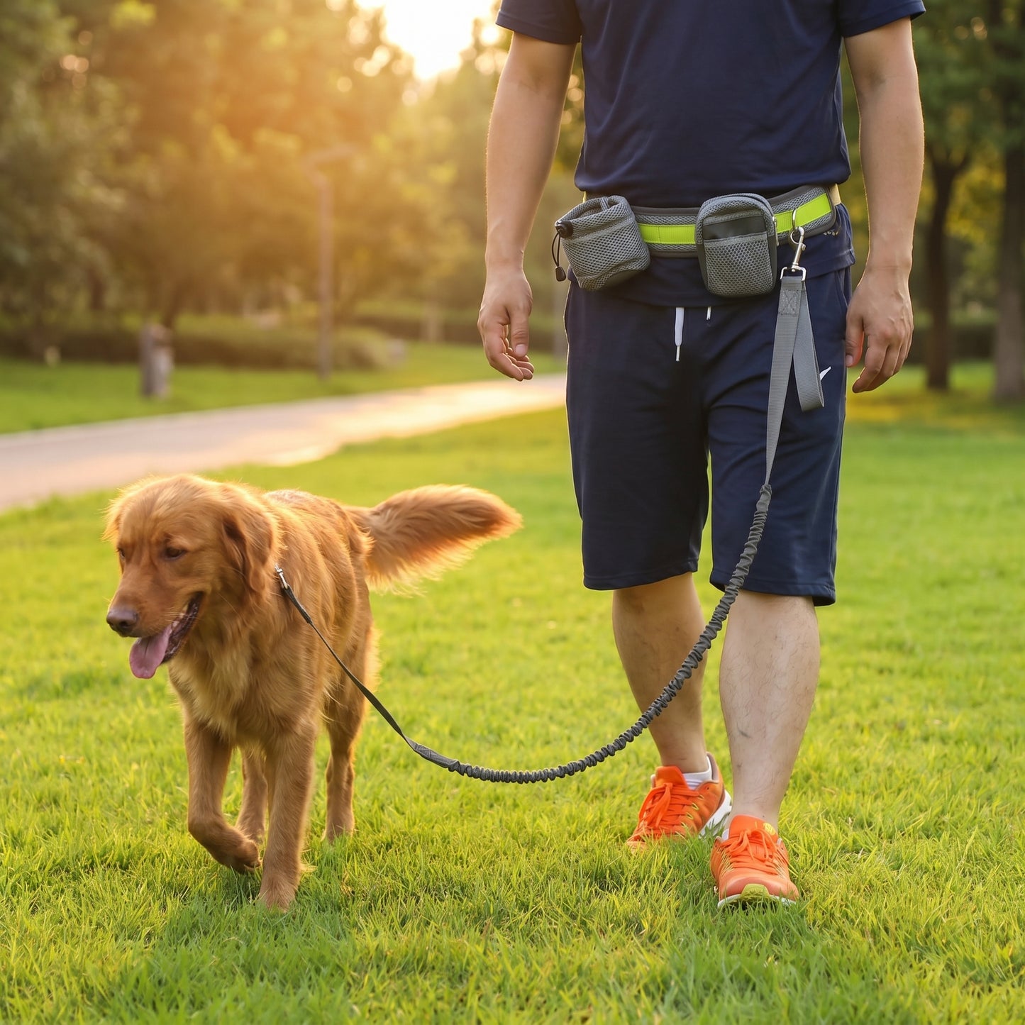 Person wearing a grey Nordic Stride hands-free shockproof running belt and walking a golden retriever on a green lawn.