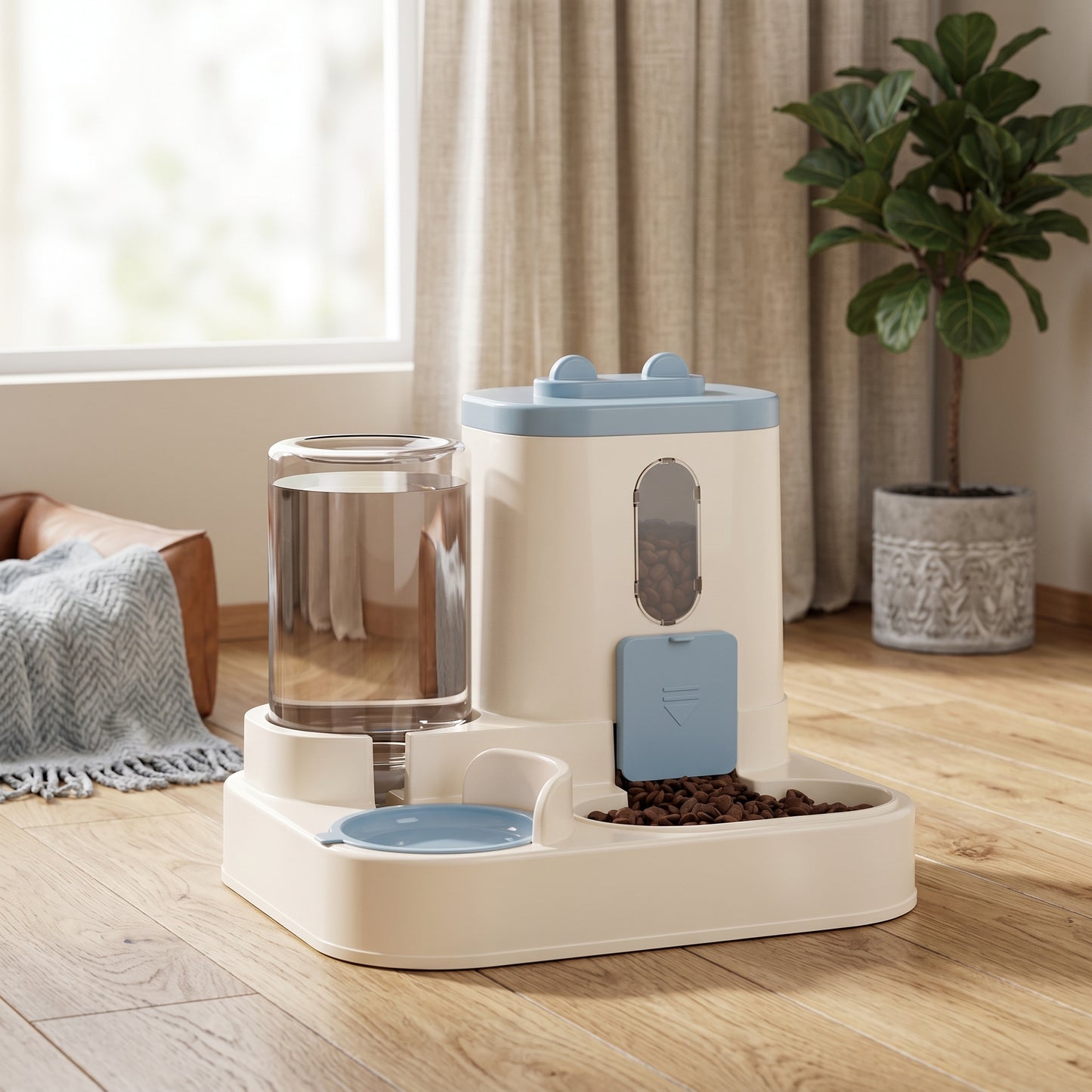 Blue and beige Nordic Siphon 2-in-1 automatic feeder and waterer set in a modern home interior next to a green plant.