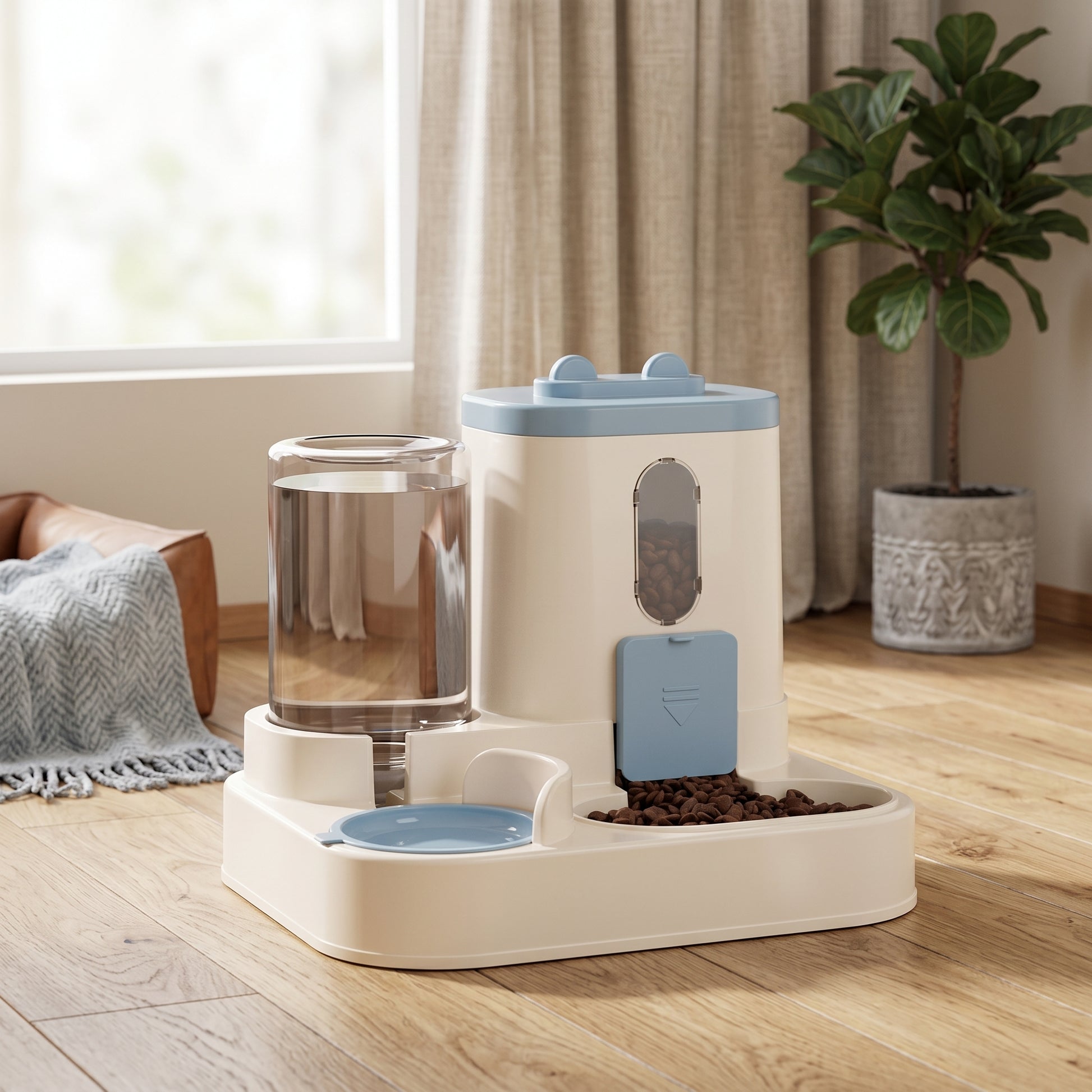 Blue and beige Nordic Siphon 2-in-1 automatic feeder and waterer set in a modern home interior next to a green plant.