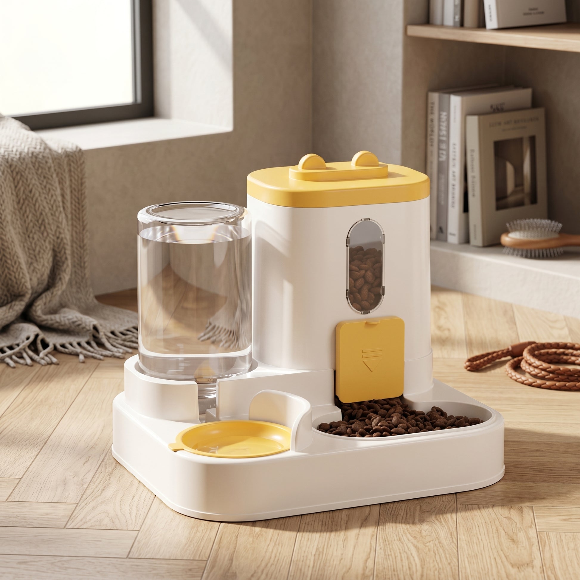 Yellow and beige Nordic Siphon 2-in-1 automatic feeder and waterer set in a modern home interior next to bookshelves.