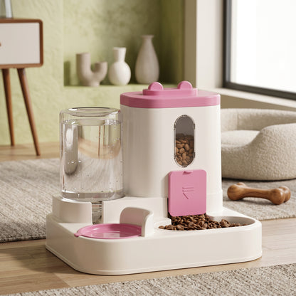 Pink and beige Nordic Siphon 2-in-1 automatic feeder and waterer set in a modern home interior next to bookshelves.