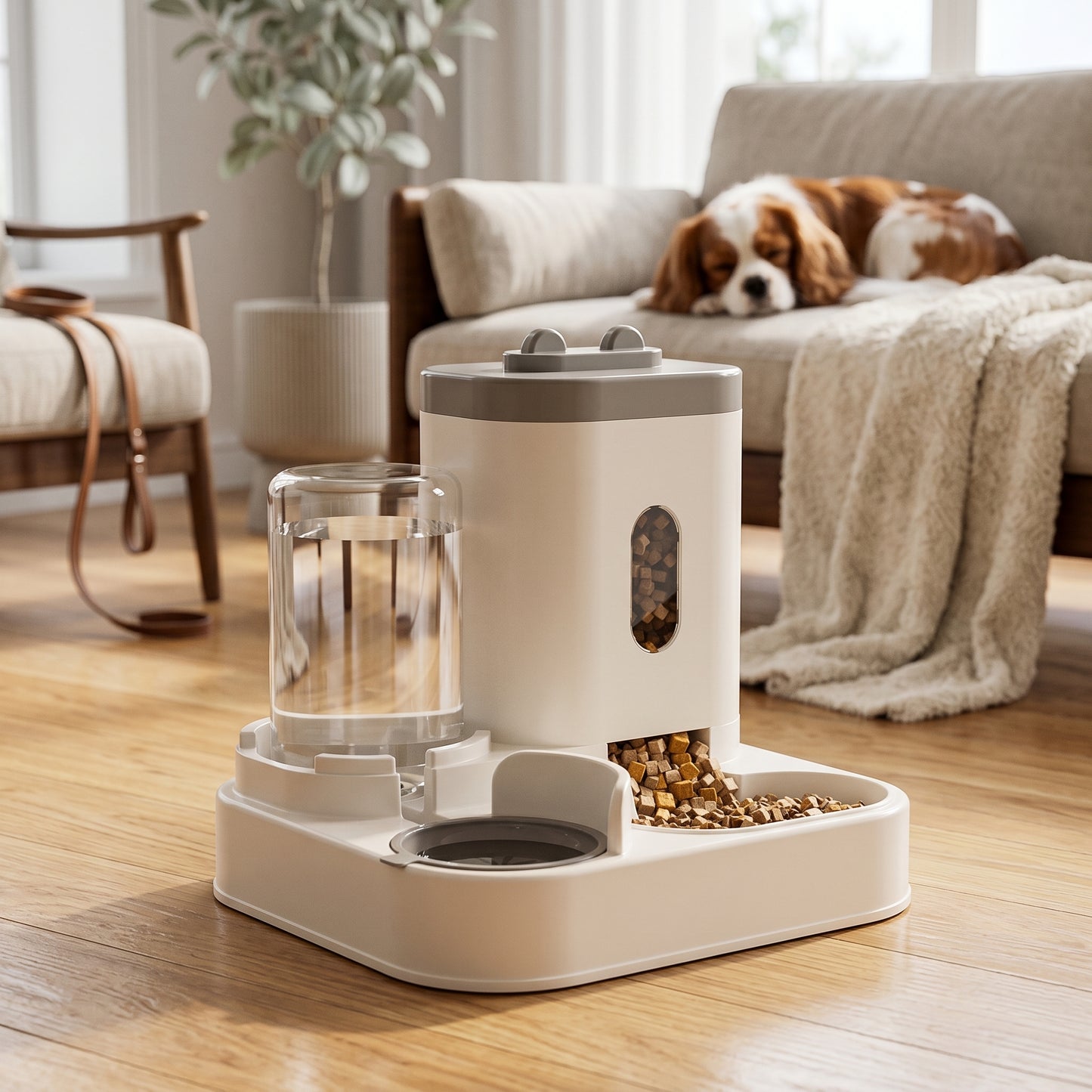 Beige Nordic Siphon 2-in-1 automatic feeder and waterer set in a modern living room with a dog resting on a couch in the background.