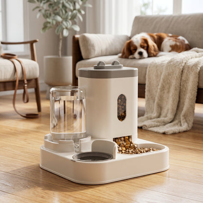 Beige Nordic Siphon 2-in-1 automatic feeder and waterer set in a modern living room with a dog resting on a couch in the background.
