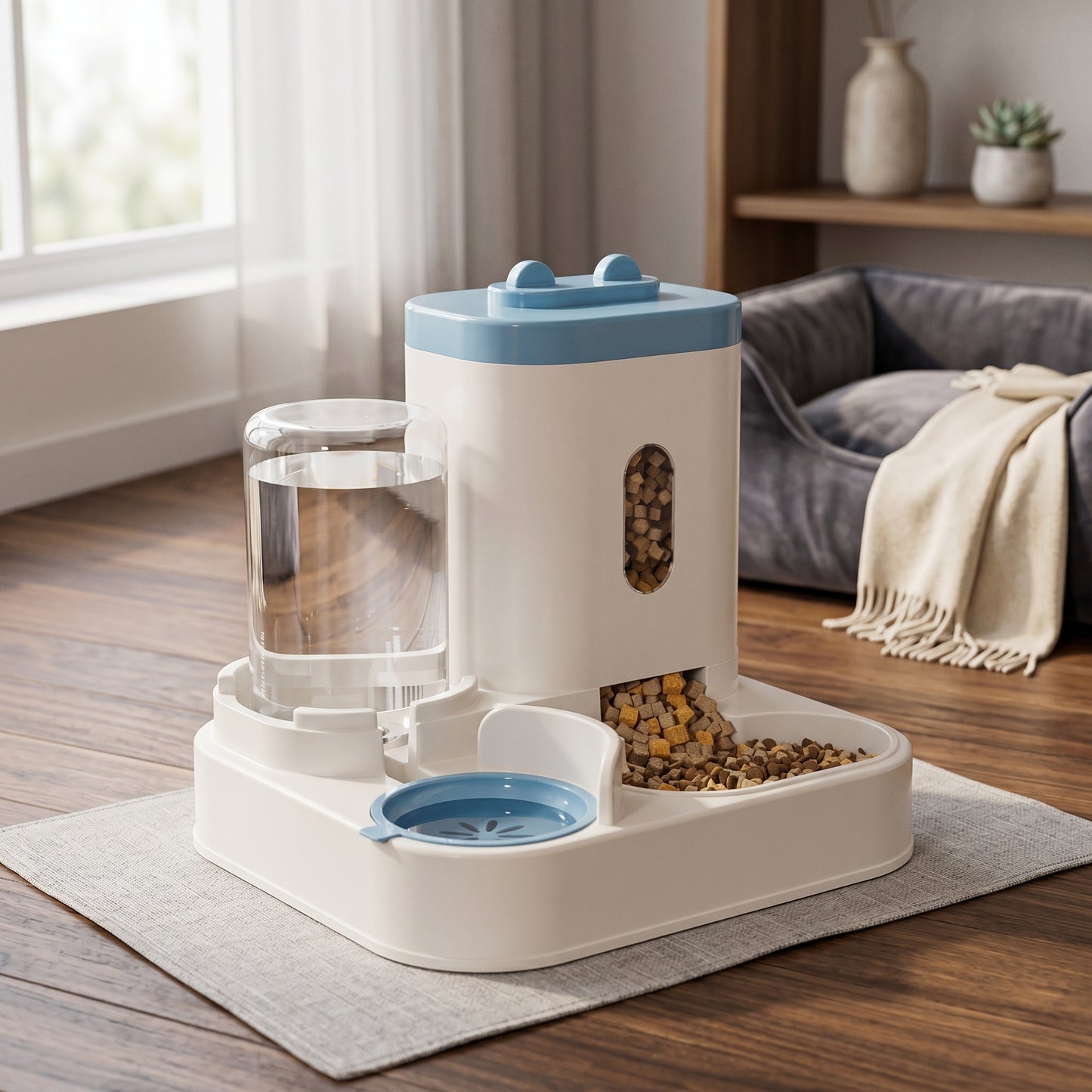 Blue and beige Nordic Siphon 2-in-1 automatic feeder and waterer set in a modern home interior next to a green plant.