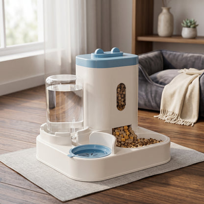Blue and beige Nordic Siphon 2-in-1 automatic feeder and waterer set in a modern home interior next to a green plant.
