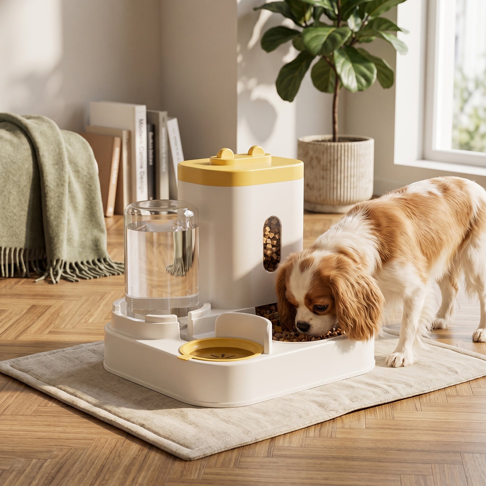 Yellow and beige Nordic Siphon 2-in-1 automatic feeder and waterer set in a modern home interior next to bookshelves.