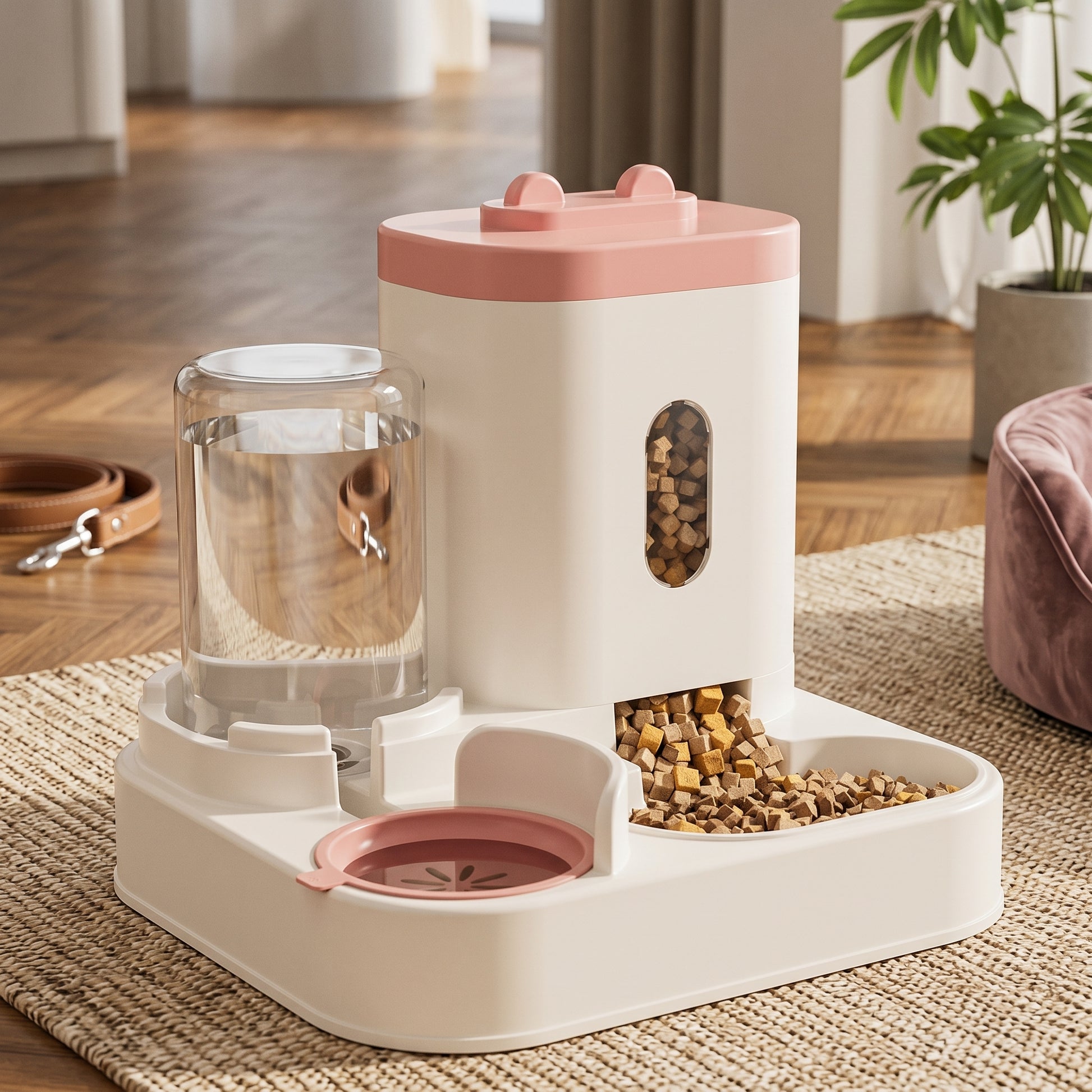 Pink and beige Nordic Siphon 2-in-1 automatic feeder and waterer set in a modern home interior next to bookshelves.