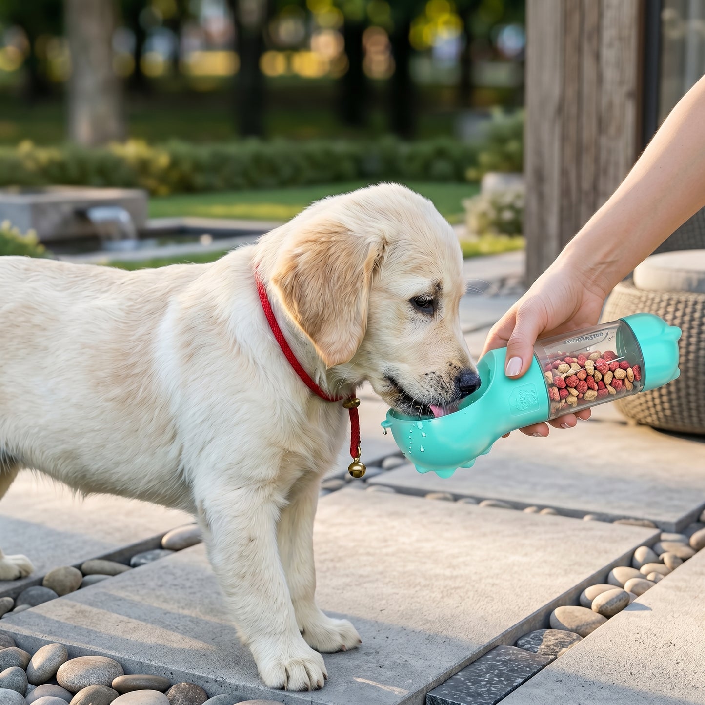Dog drinking water from a green Nordic Hydration 3-in-1 portable adventure bottle.