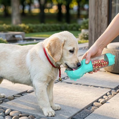 Dog drinking water from a green Nordic Hydration 3-in-1 portable adventure bottle.