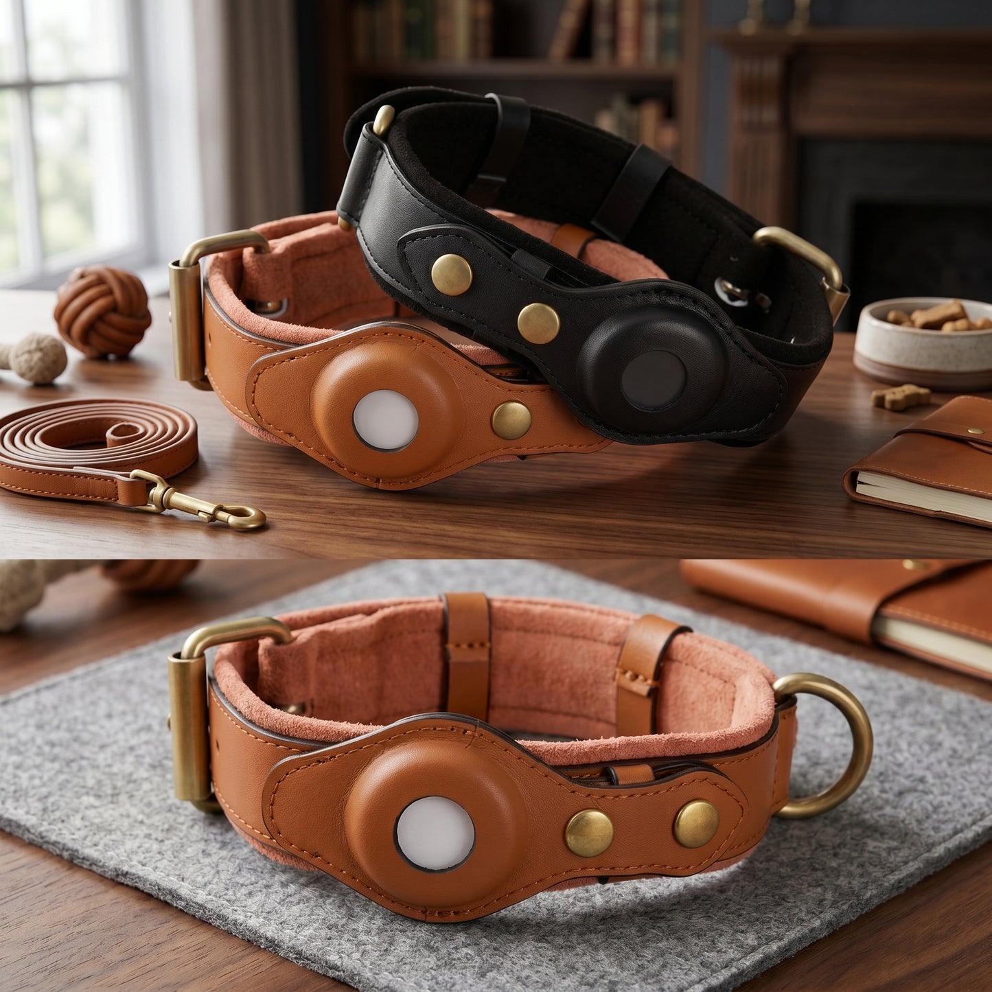 Nordic Guardian premium genuine leather dog collar collection featuring black, tan, and pink variants with integrated AirTag holders on a wooden table.