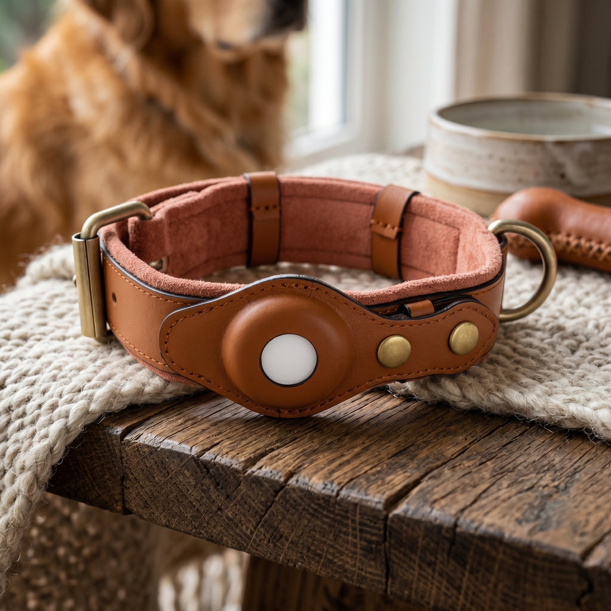 Nordic Guardian premium tan leather dog collar.