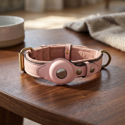 Nordic Guardian genuine leather dog collar with integrated secure AirTag holder.
