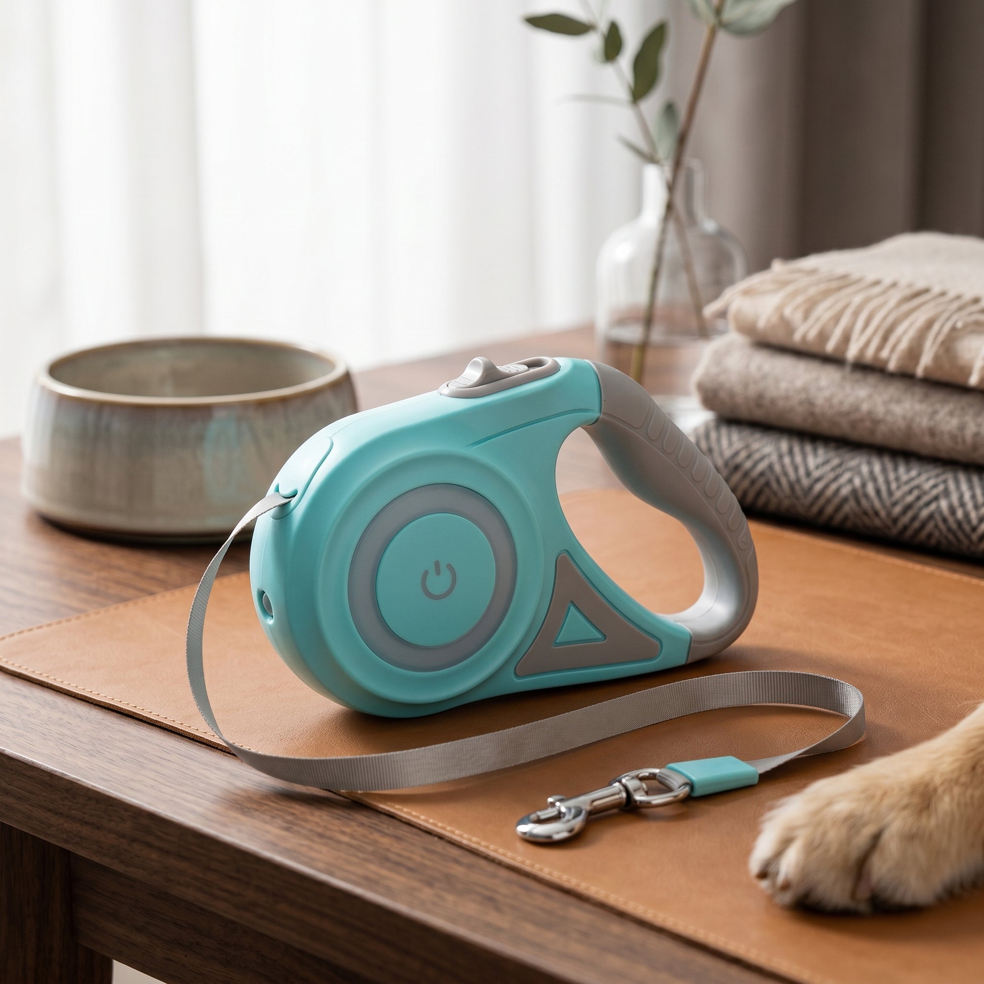 Close-up of the light blue SmartWalk 2.0 retractable leash on a leather mat with a dog's paw visible nearby.