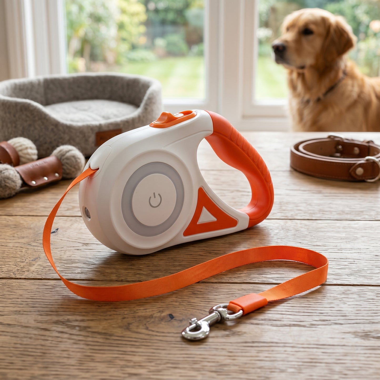 Orange SmartWalk 2.0 retractable leash on a wooden table with a golden retriever in the background.