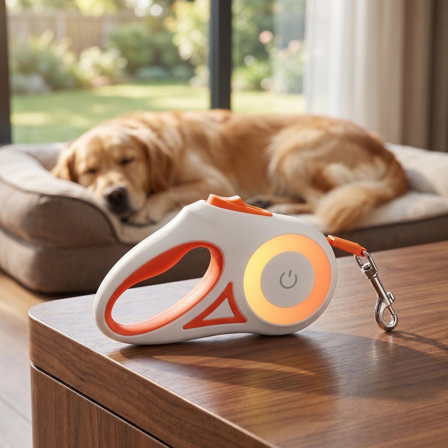 Orange SmartWalk 2.0 retractable leash on a wooden table with a golden retriever in the background.