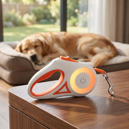 Orange SmartWalk 2.0 retractable leash on a wooden table with a golden retriever in the background.