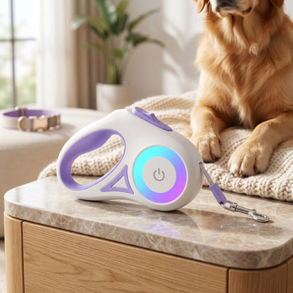 Light blue SmartWalk 2.0 retractable leash on a leather surface with a dog's paw visible.