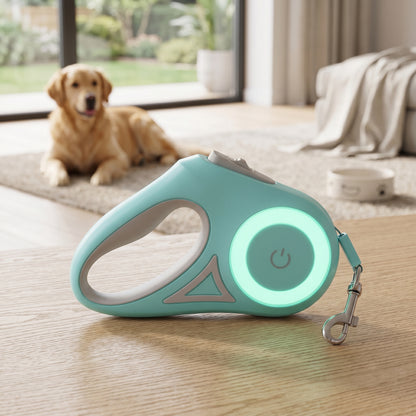 Close-up of the light blue SmartWalk 2.0 retractable leash on a leather mat with a dog's paw visible nearby.