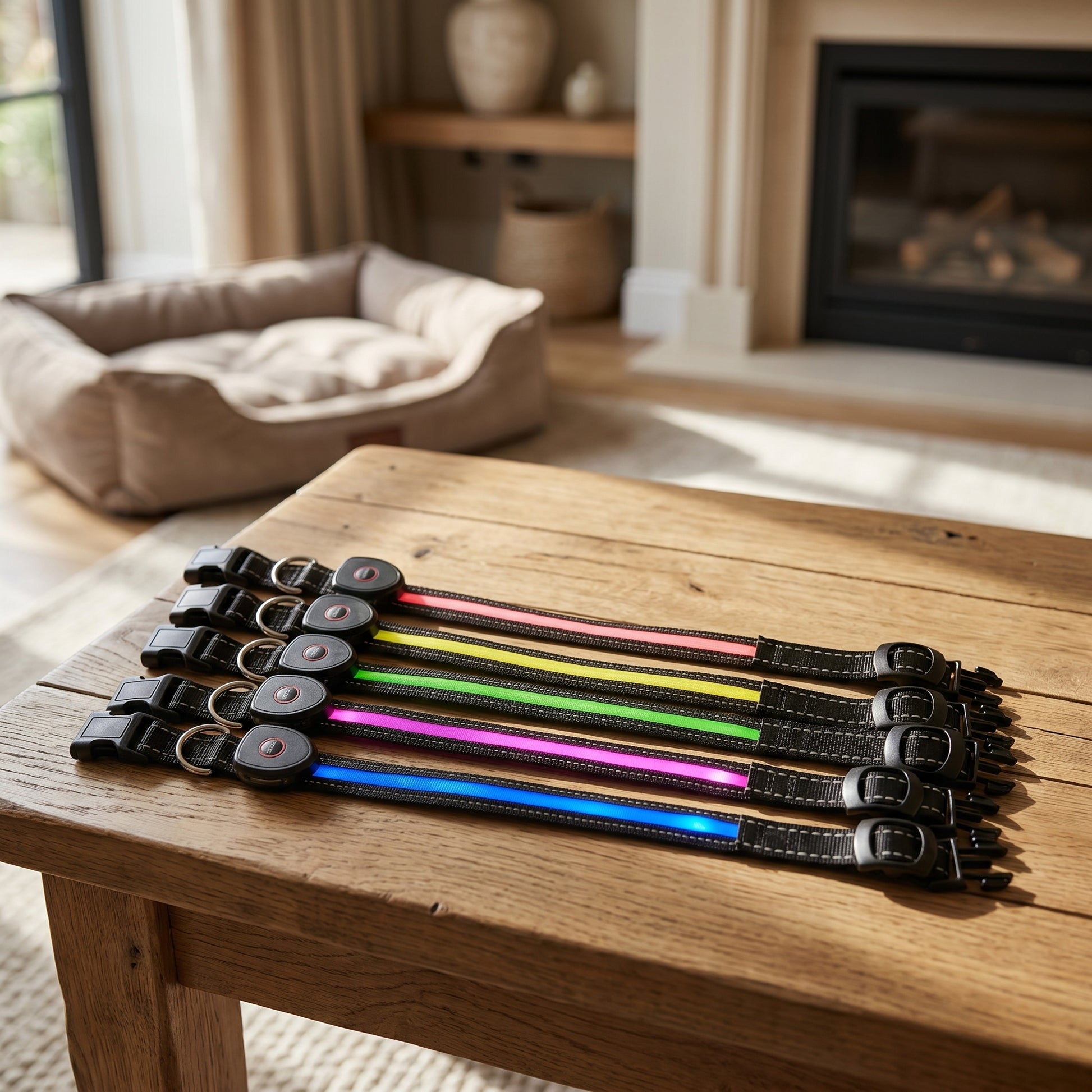 Five unlooped, flat LED dog collars illuminated in different colors (blue, purple, green, yellow, pink) arranged on a wooden table, with a dog bed and fireplace in the background.